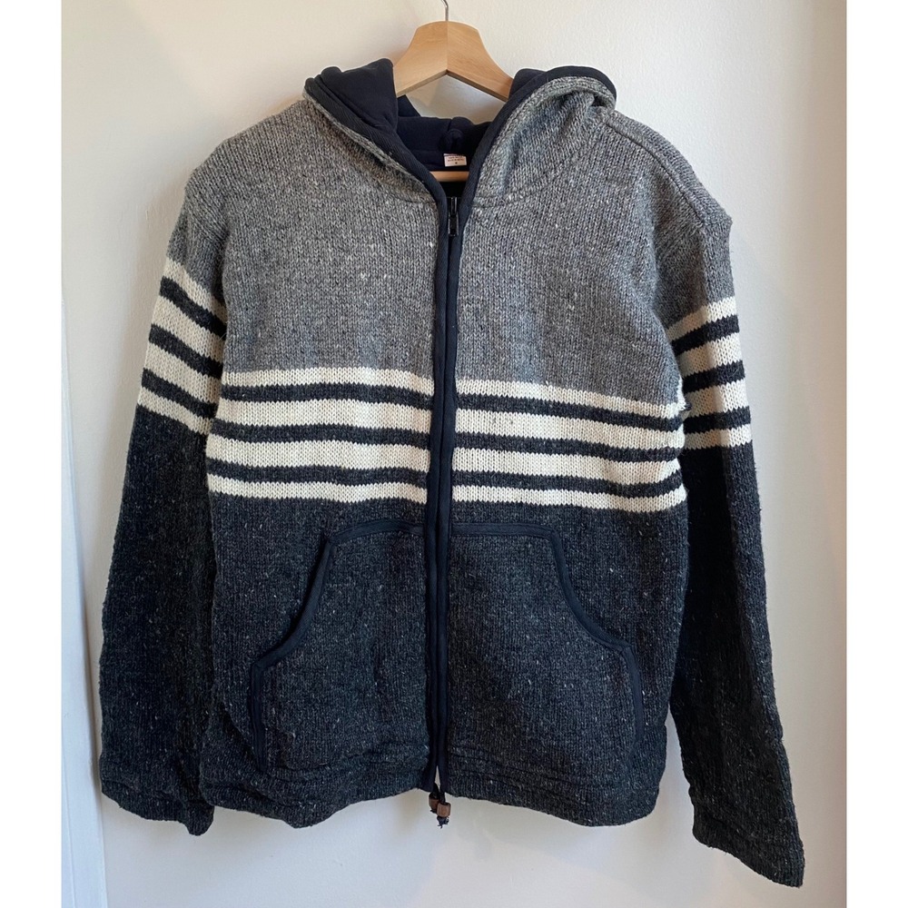 Full Zip Hooded Sweater Mens Medium Gray Striped Fleece Lined Nepal Wool Hippie